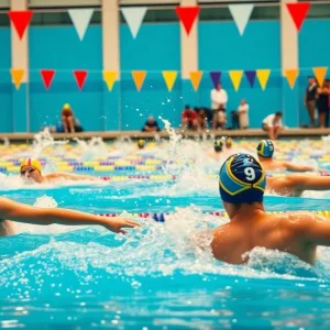 Swimmers competing in a university swimming meet at the pool.
