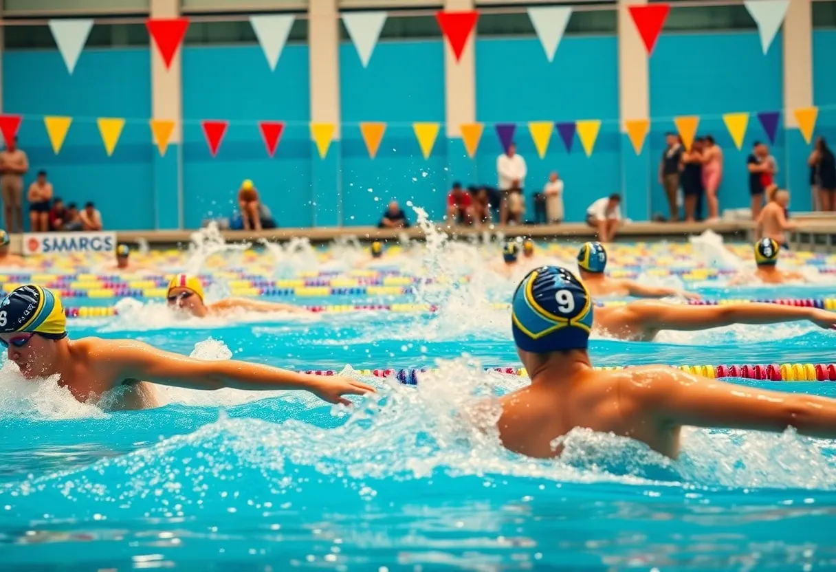 Swimmers competing in a university swimming meet at the pool.