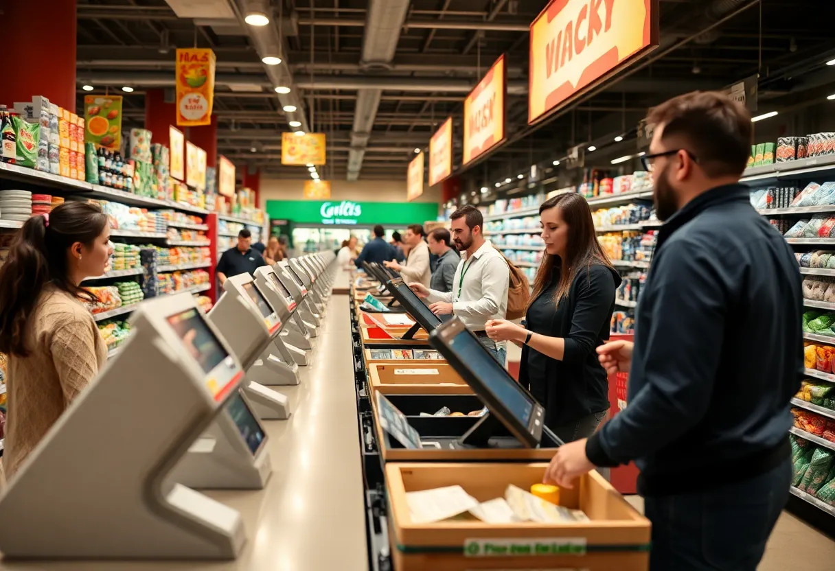 Grocery store self-checkout stations with staff supervision