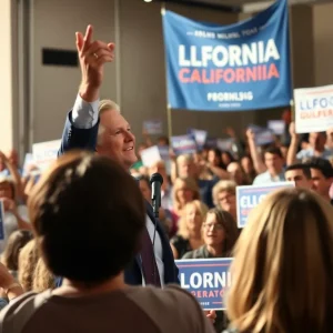 A crowd at a California political rally supporting a gubernatorial candidate.