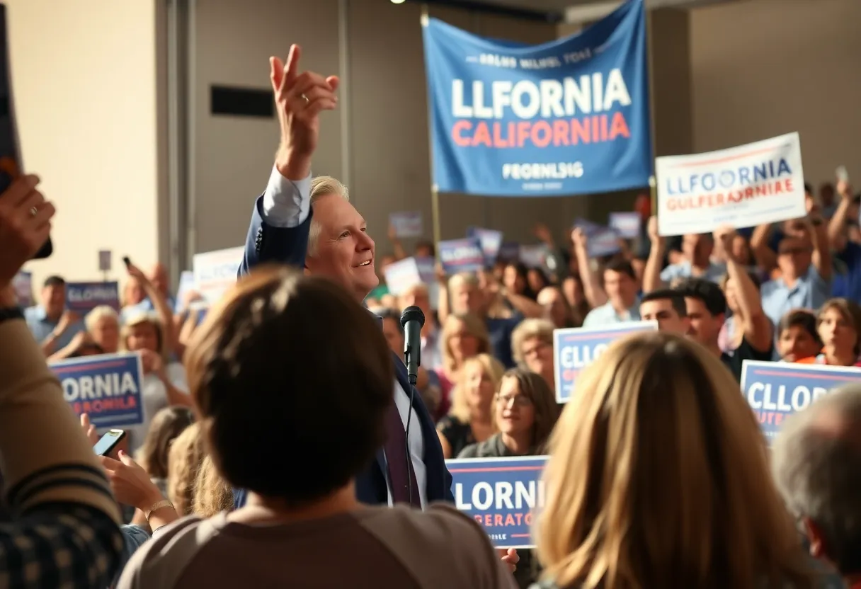 A crowd at a California political rally supporting a gubernatorial candidate.