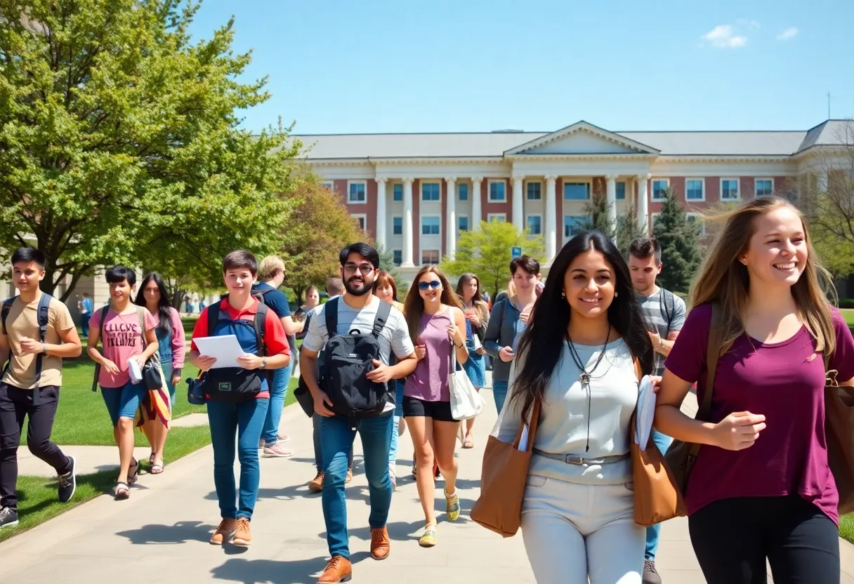 A diverse group of students strolling on a university campus.