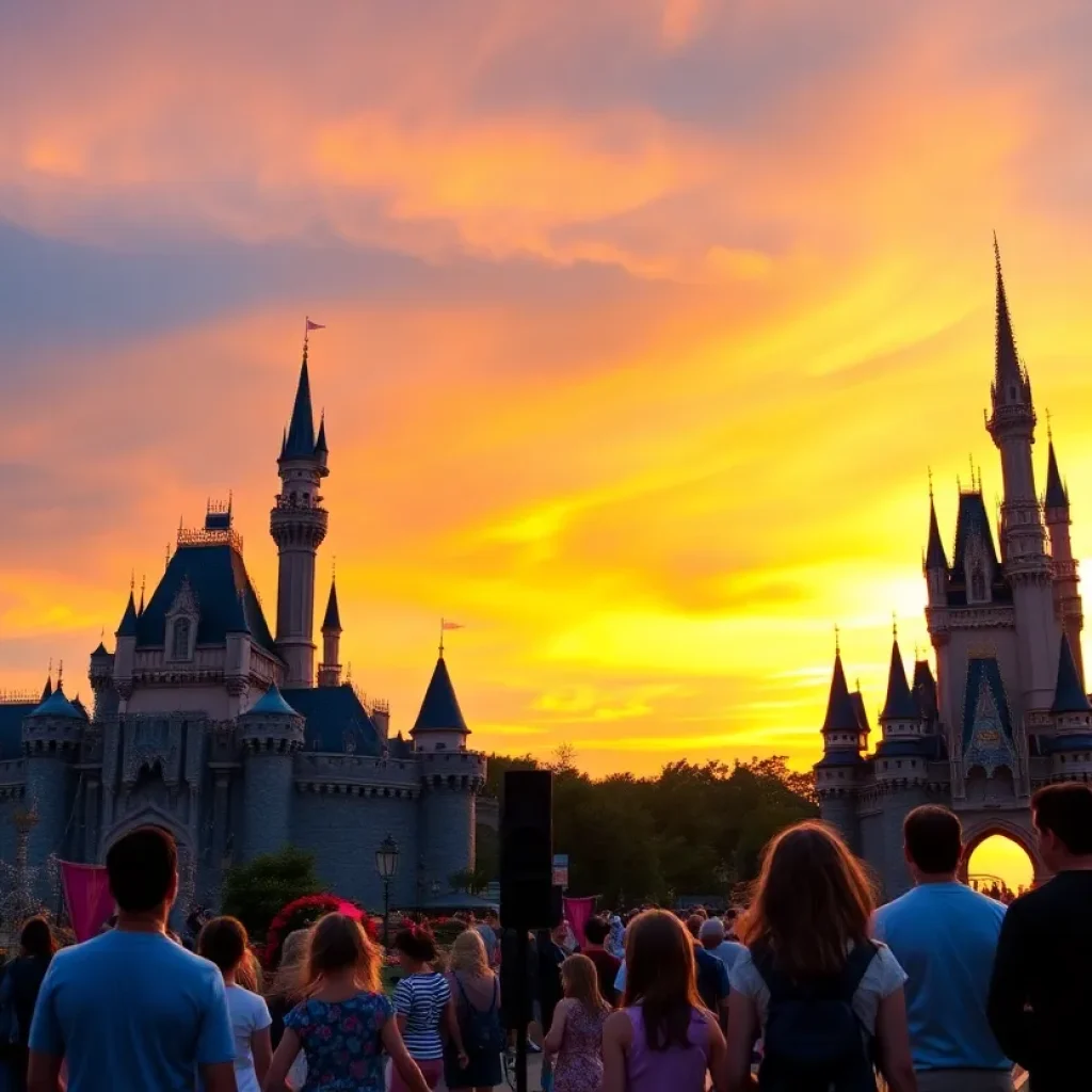 Beautiful sunset view of Disneyland with families planning their visit