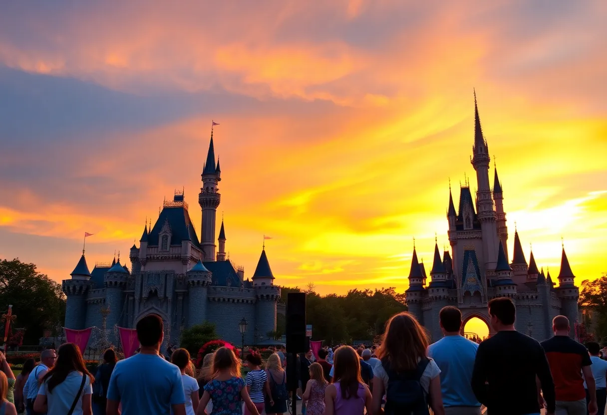 Beautiful sunset view of Disneyland with families planning their visit