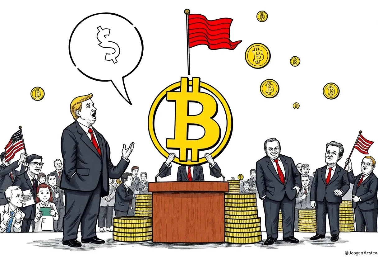 An artistic representation of a satirical cryptocurrency focused on political corruption.