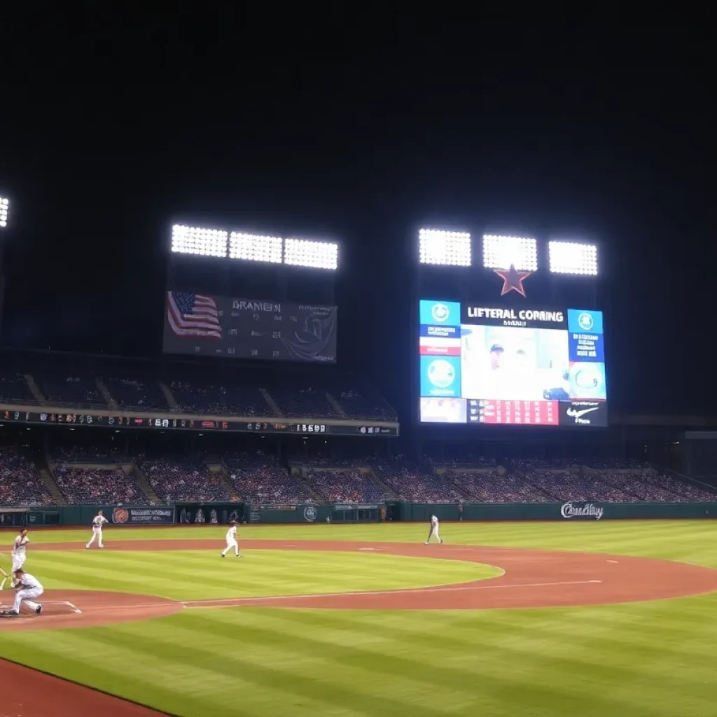 Baseball players on the field during a Twins vs Angels night game.