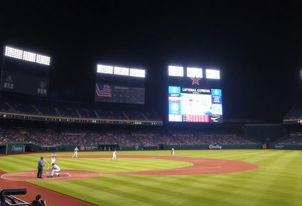Baseball players on the field during a Twins vs Angels night game.
