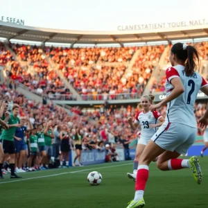 Action shot of a women's soccer match featuring dynamic plays and enthusiastic crowd support.