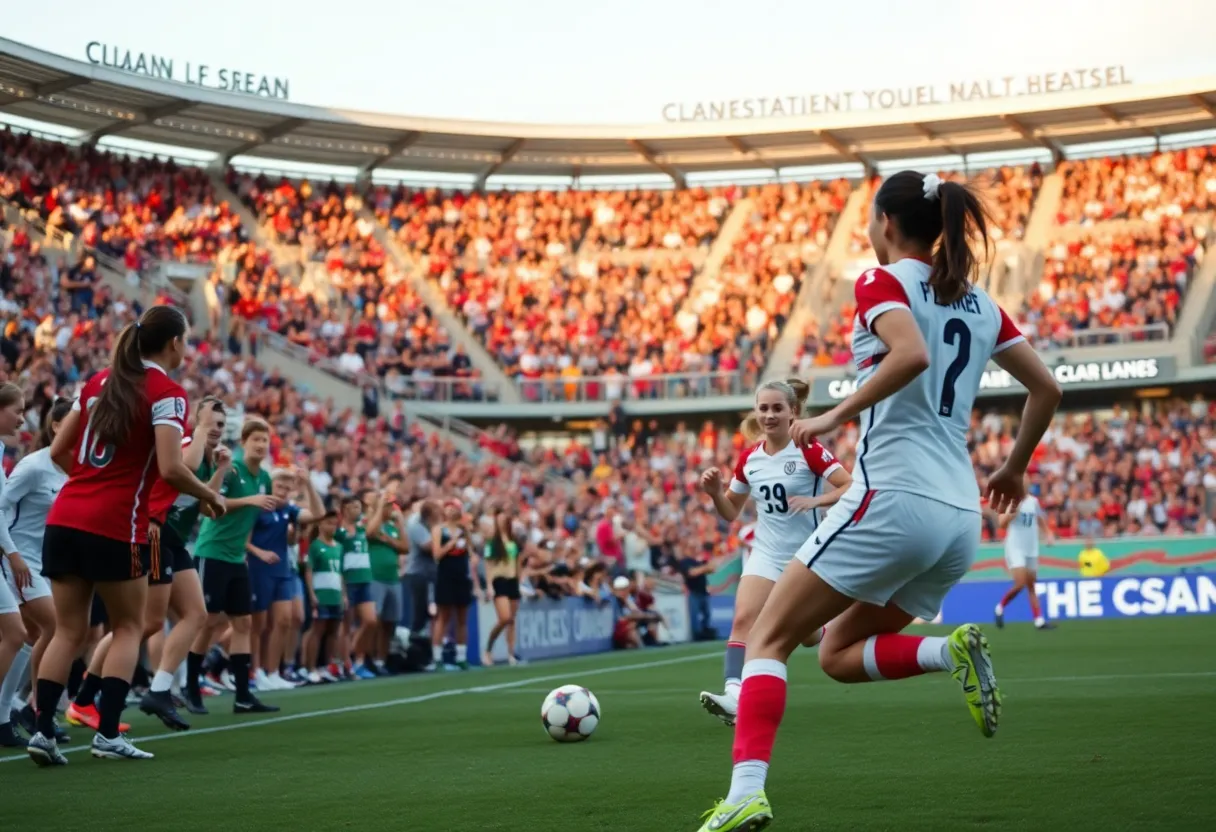 Action shot of a women's soccer match featuring dynamic plays and enthusiastic crowd support.