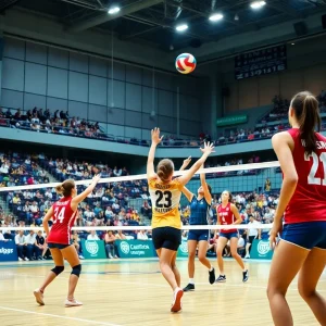 Players in an intense volleyball match at the USF arena