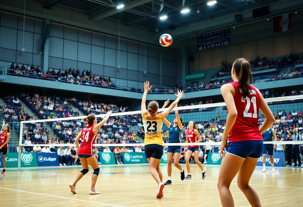 Players in an intense volleyball match at the USF arena