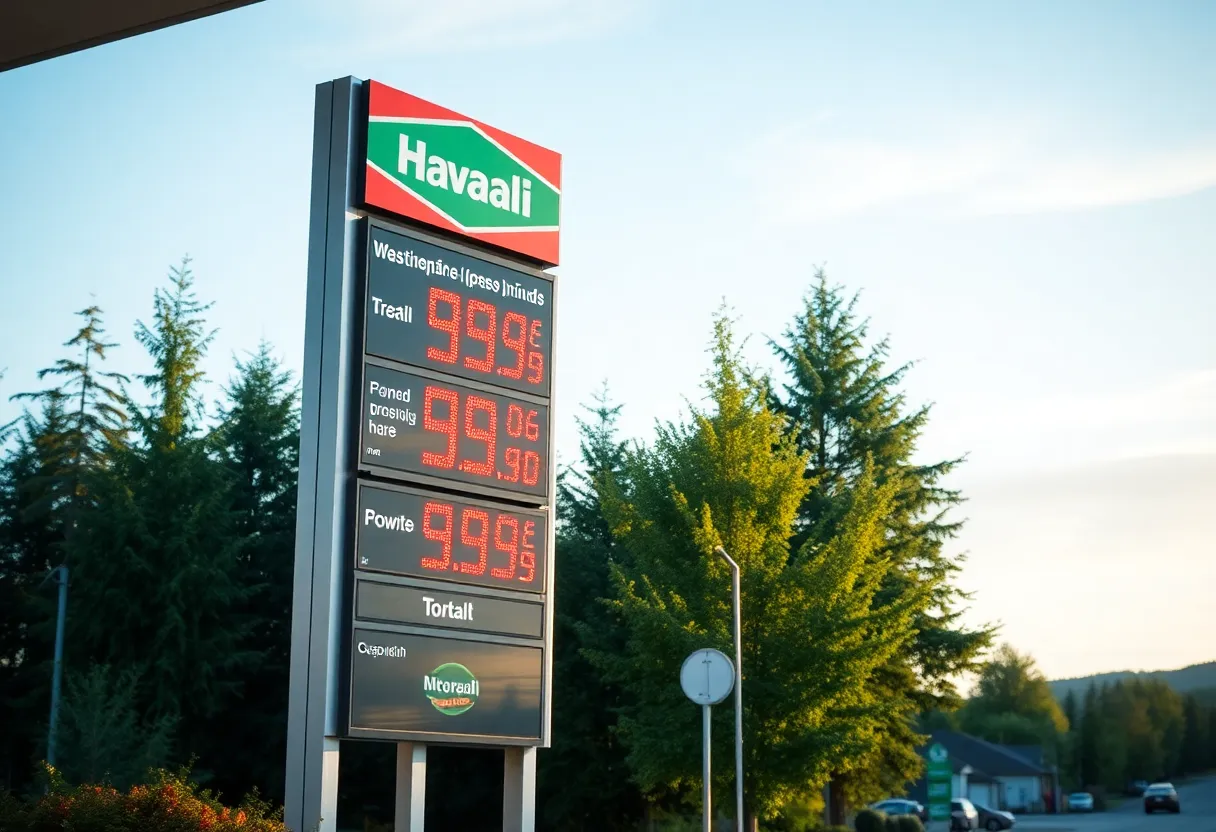 Gas station in Washington displaying high prices for gasoline.