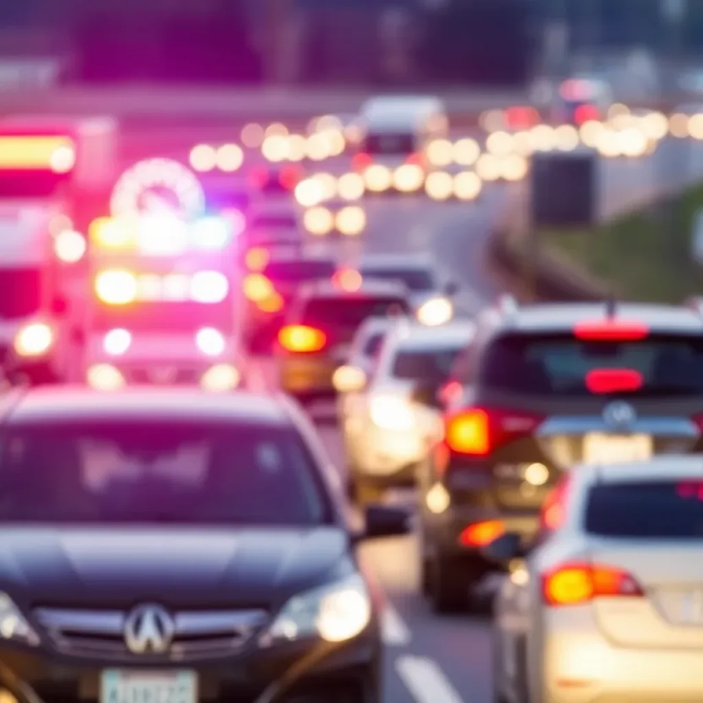 Scene of a freeway with emergency lights and vehicles, depicting a traffic accident.