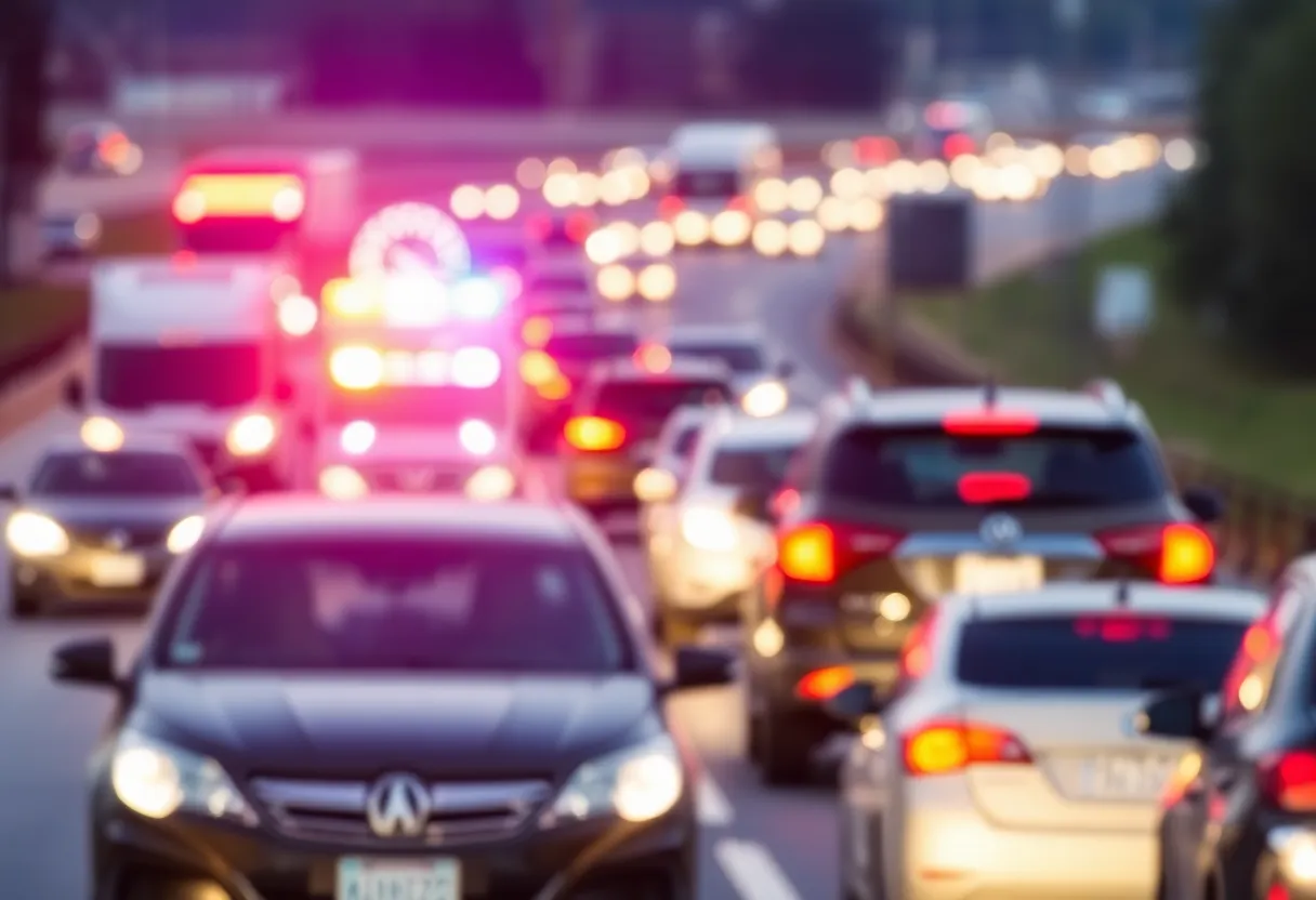 Scene of a freeway with emergency lights and vehicles, depicting a traffic accident.