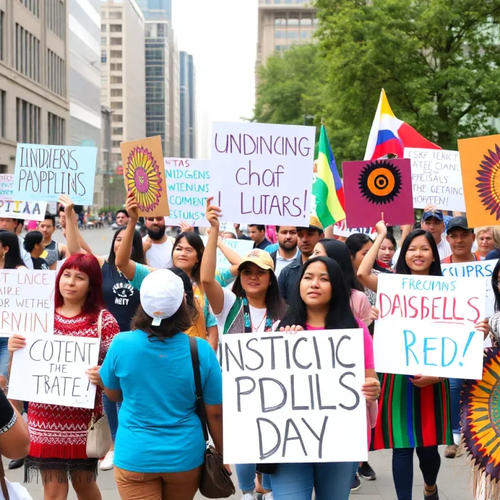 Community members celebrating Indigenous Peoples’ Day in Anaheim with banners and traditional cultural displays.