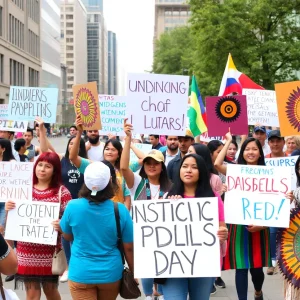 Community members celebrating Indigenous Peoples’ Day in Anaheim with banners and traditional cultural displays.