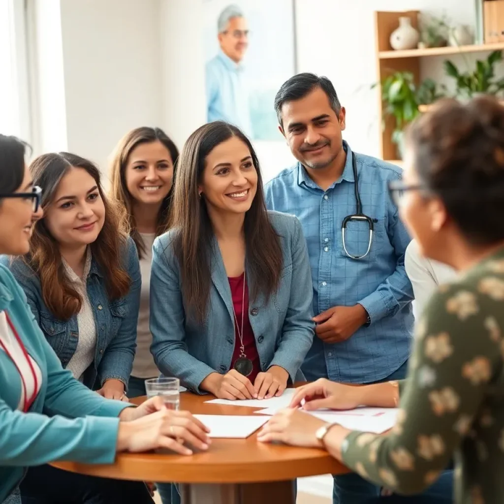 A group of diverse mental health professionals collaborating in a community outreach setting