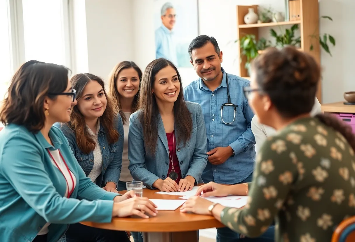 A group of diverse mental health professionals collaborating in a community outreach setting