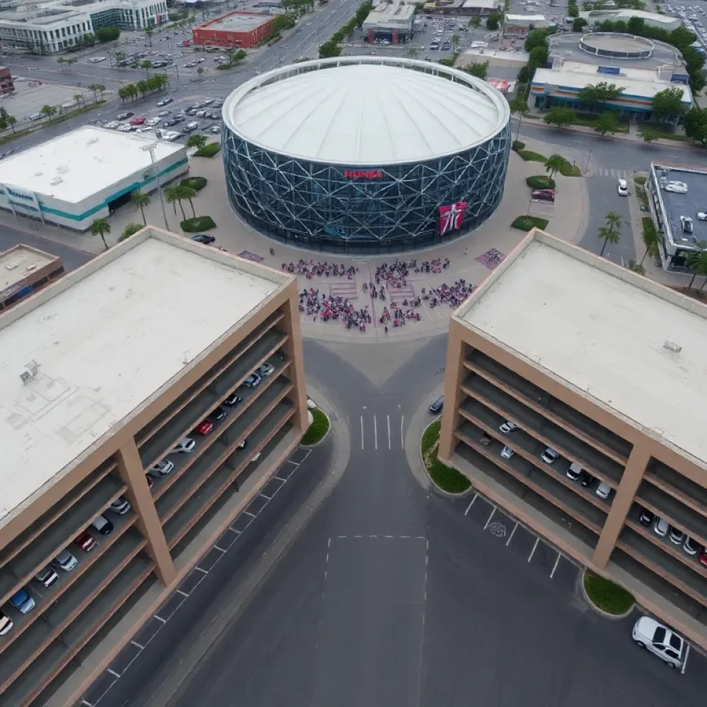 Aerial view of Anaheim's new parking garages near the Honda Center
