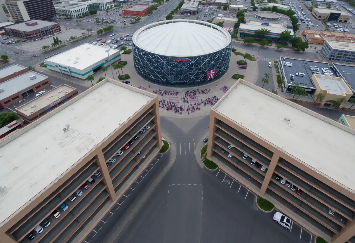 Aerial view of Anaheim's new parking garages near the Honda Center