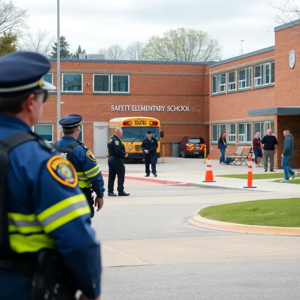Police officers securing the area outside John Marshall Elementary School
