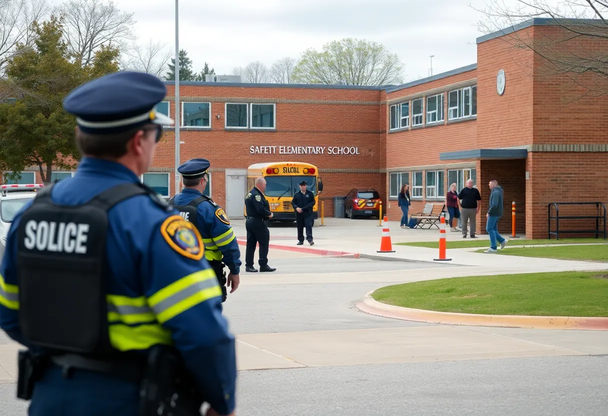 Police officers securing the area outside John Marshall Elementary School