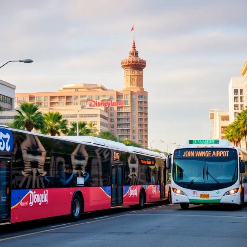 Buses in Anaheim providing public transportation to Disneyland and nearby hotels