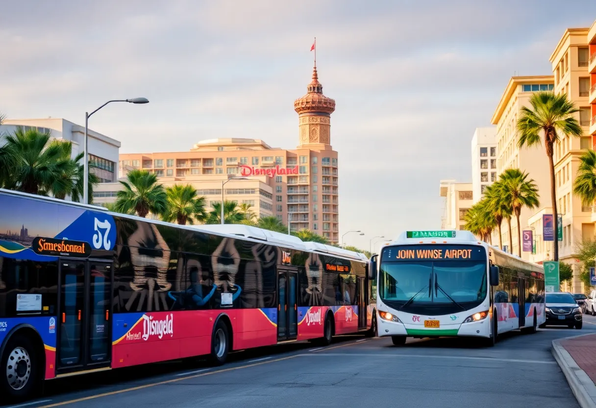Buses in Anaheim providing public transportation to Disneyland and nearby hotels