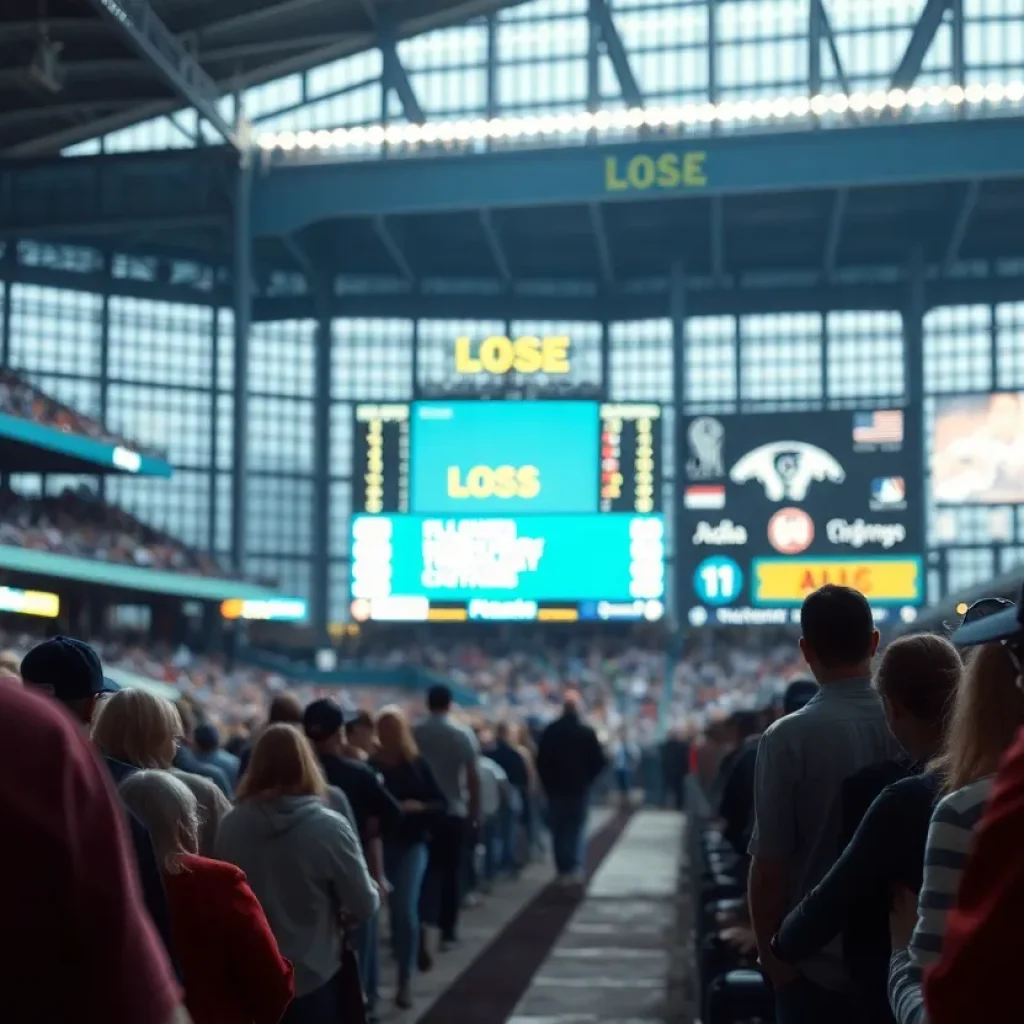 Baseball stadium with disappointed fans after game