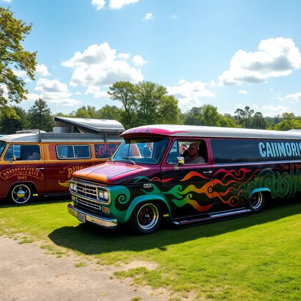 A variety of custom vans displayed at the Bring Your Own Boogie Truck-In event