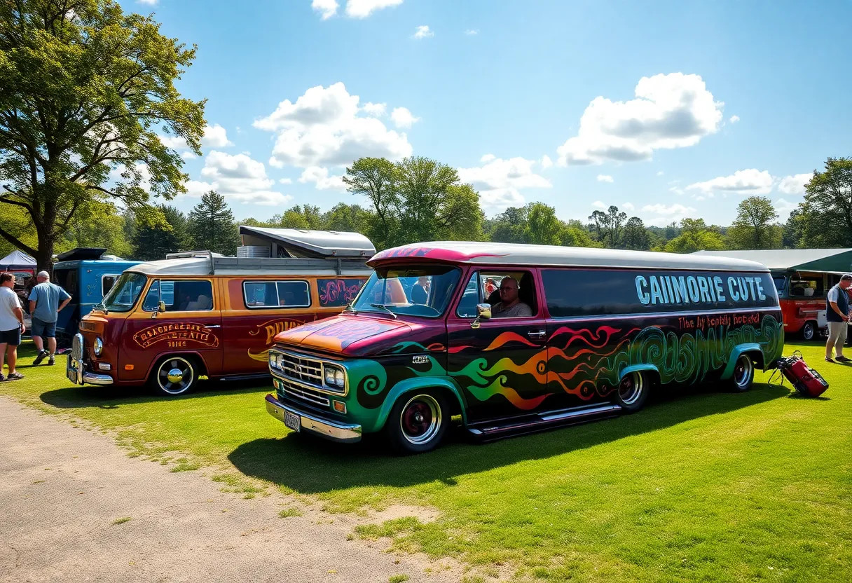 A variety of custom vans displayed at the Bring Your Own Boogie Truck-In event