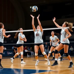 Collegiate women's volleyball match in action at Cal State Fullerton
