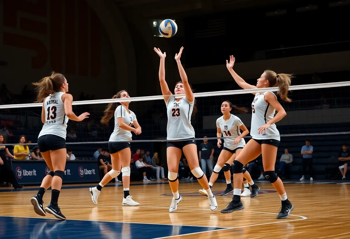 Collegiate women's volleyball match in action at Cal State Fullerton