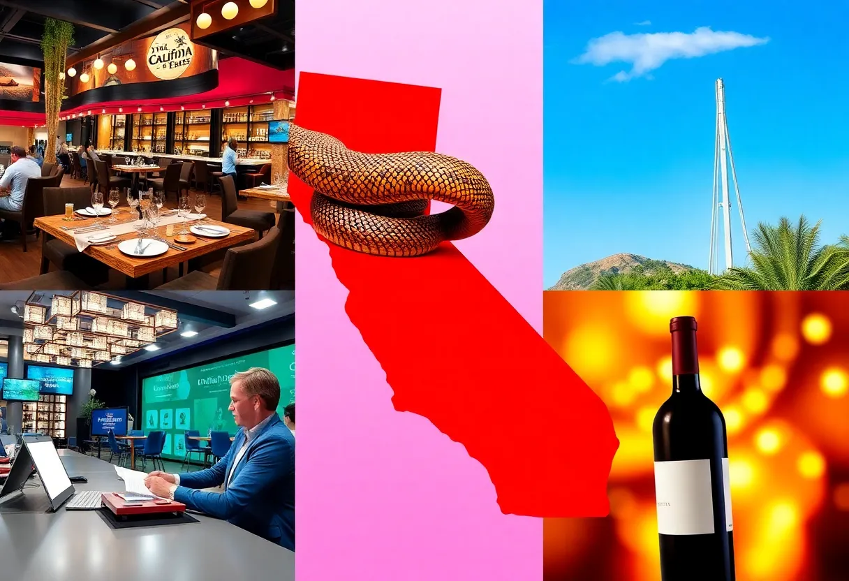 Collage representing diverse business events in California, including a pet snake and bustling restaurants.