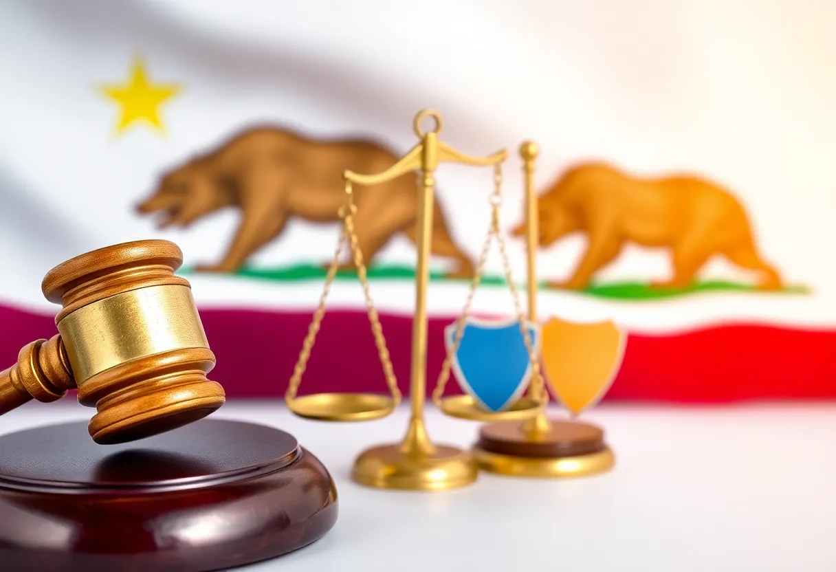 Illustration representing California consumer financial protection with a gavel and scales of justice.