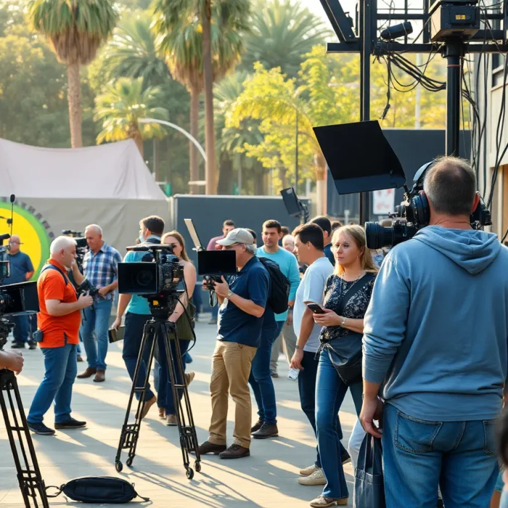 Film crew working on set in California
