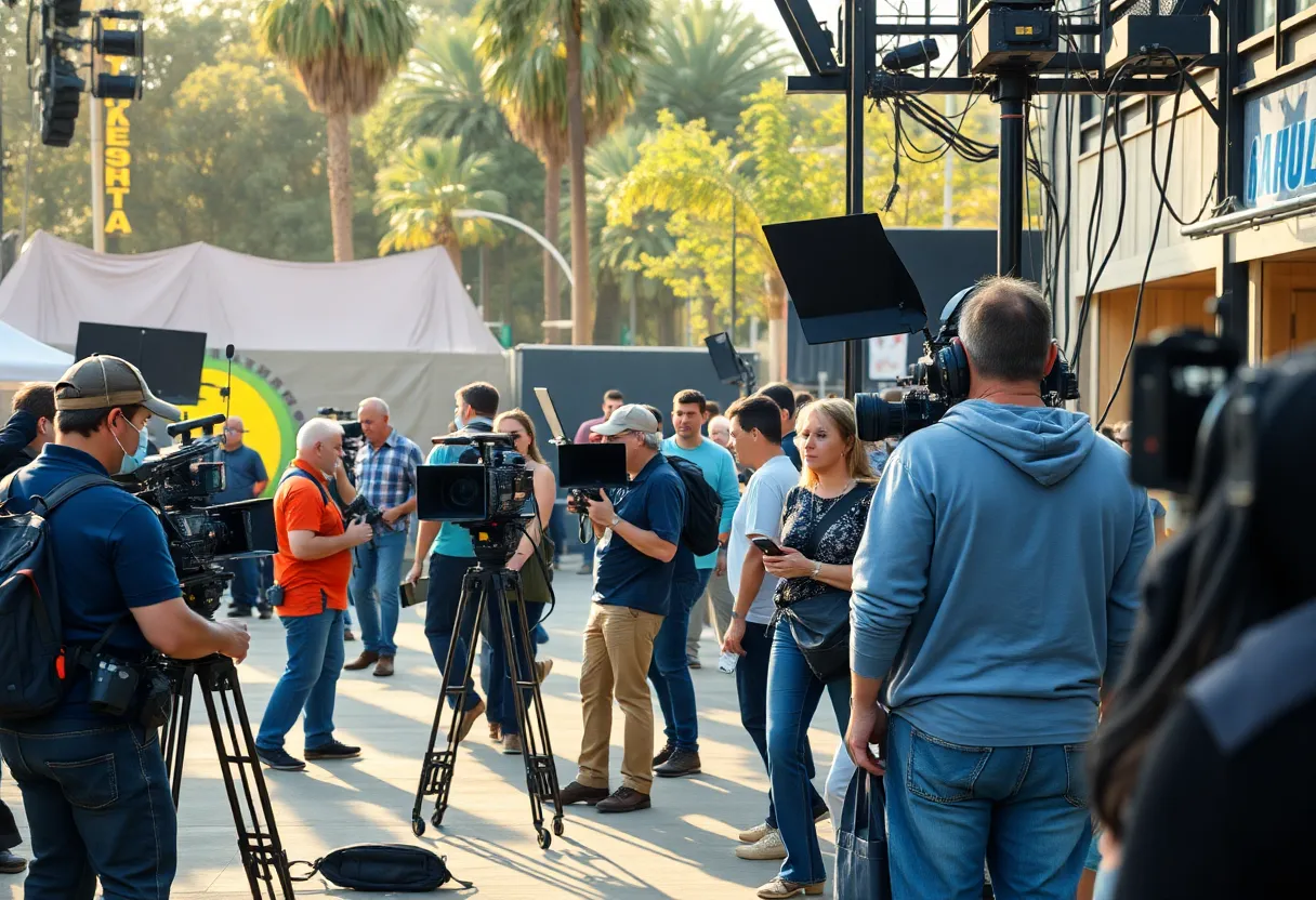 Film crew working on set in California