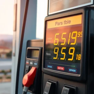 A fuel pump showing an increase in gas prices in California