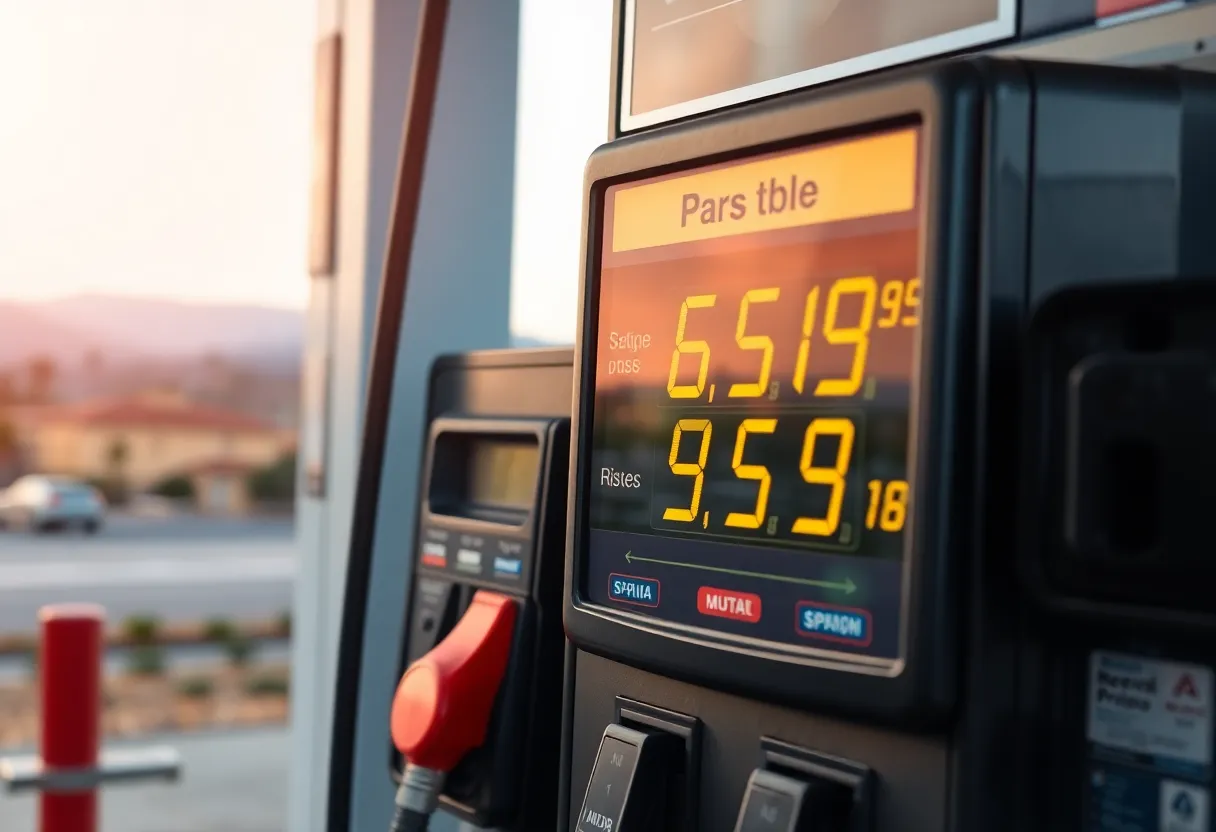 A fuel pump showing an increase in gas prices in California