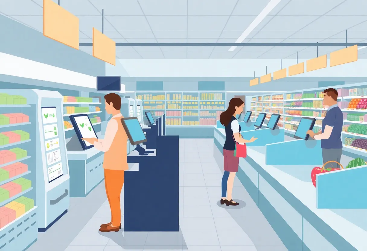 Illustration of grocery store self-checkout stations with employee monitoring