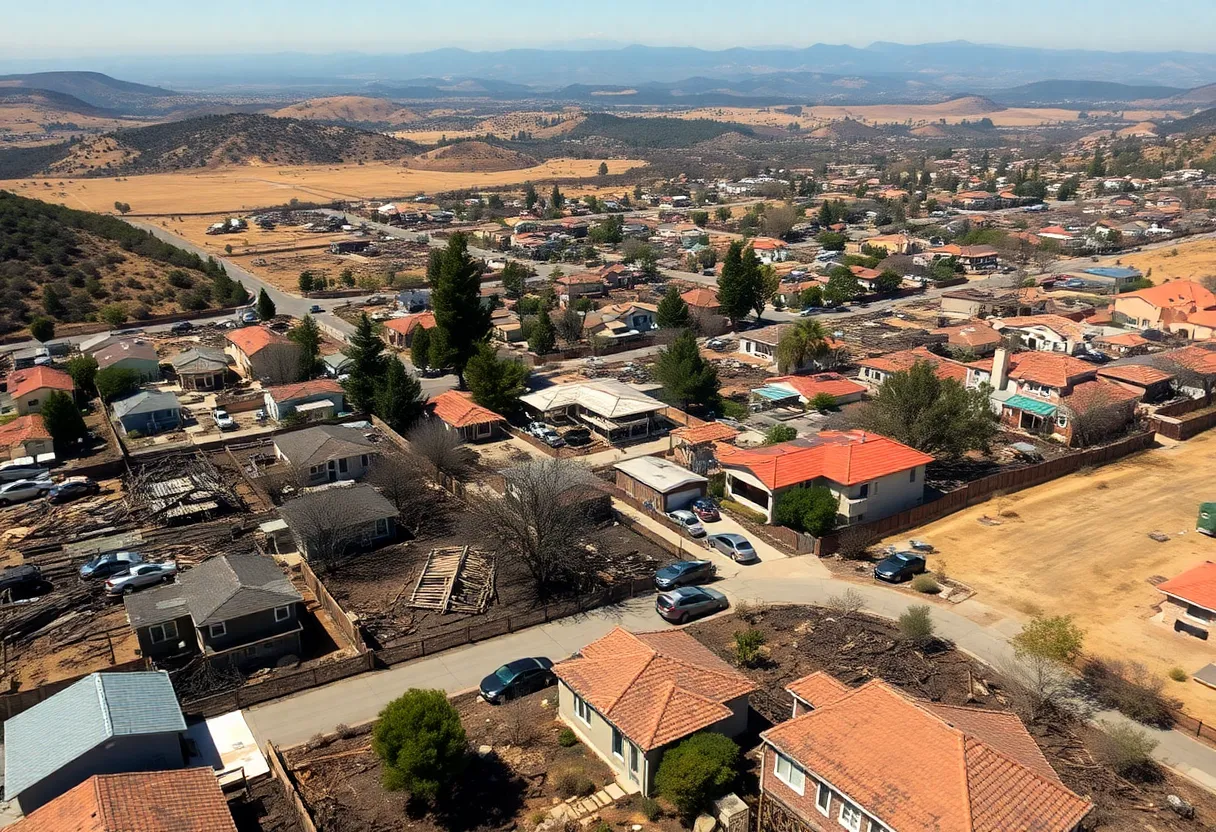 Aerial view of a California neighborhood affected by wildfires.
