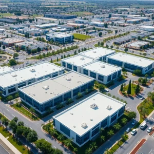 Aerial view of Cartwright Business Park with six buildings and green landscape.