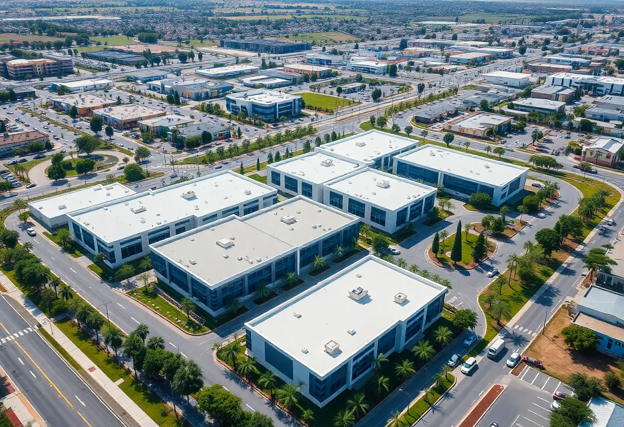 Aerial view of Cartwright Business Park with six buildings and green landscape.