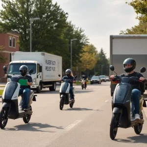 Collision scene involving electric scooters and a truck near a college campus.