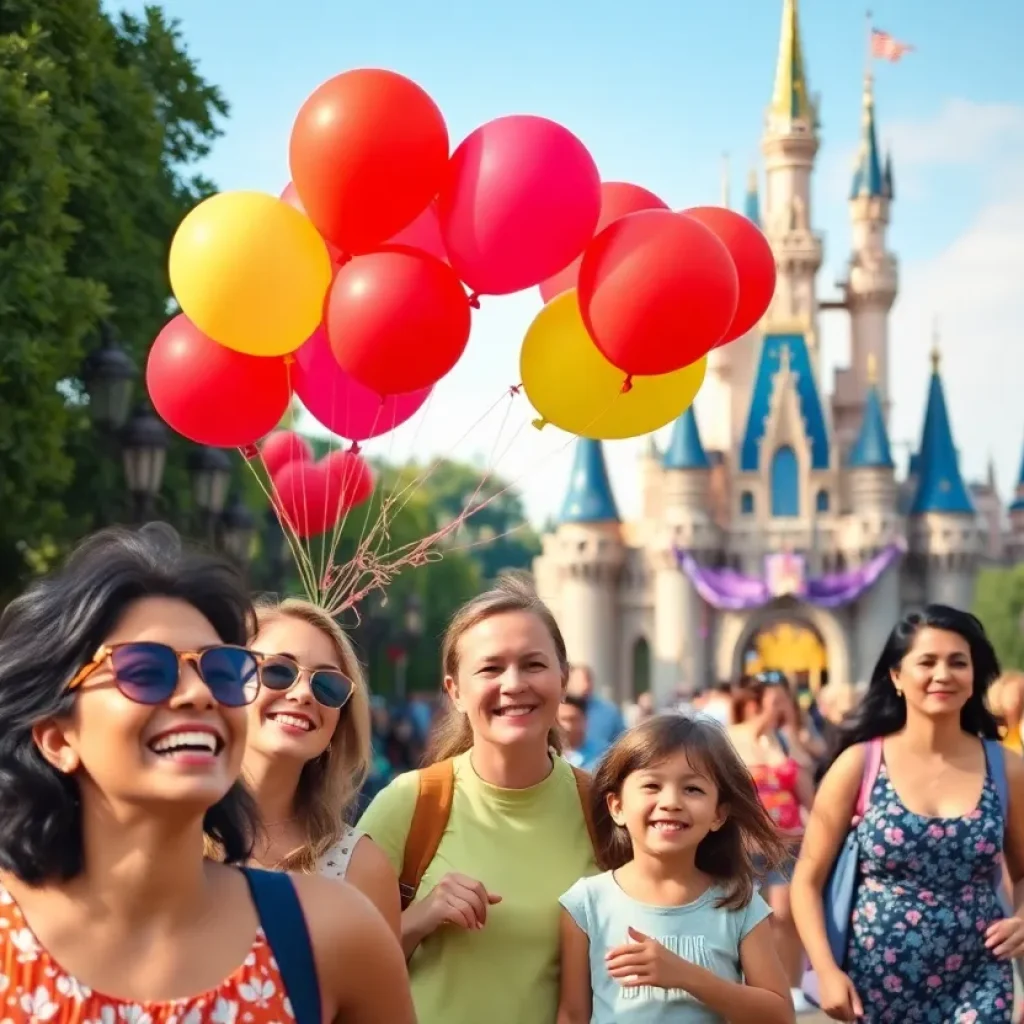 Families enjoying a day at Disneyland with attractions in the background.