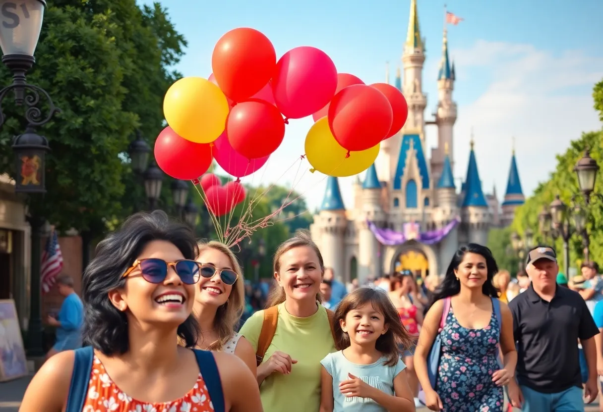 Families enjoying a day at Disneyland with attractions in the background.