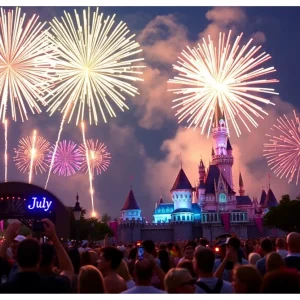 Fireworks illuminating the sky above Disneyland during the Fourth of July celebration.