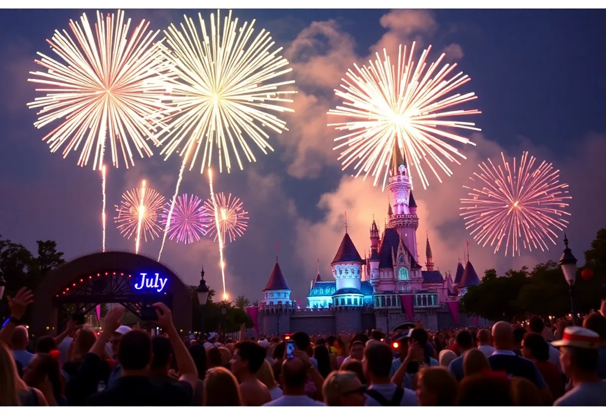 Fireworks illuminating the sky above Disneyland during the Fourth of July celebration.