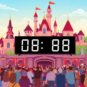 Illustration of Disneyland attractions with excited visitors