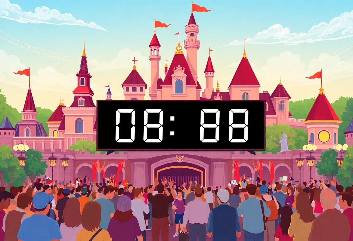 Illustration of Disneyland attractions with excited visitors